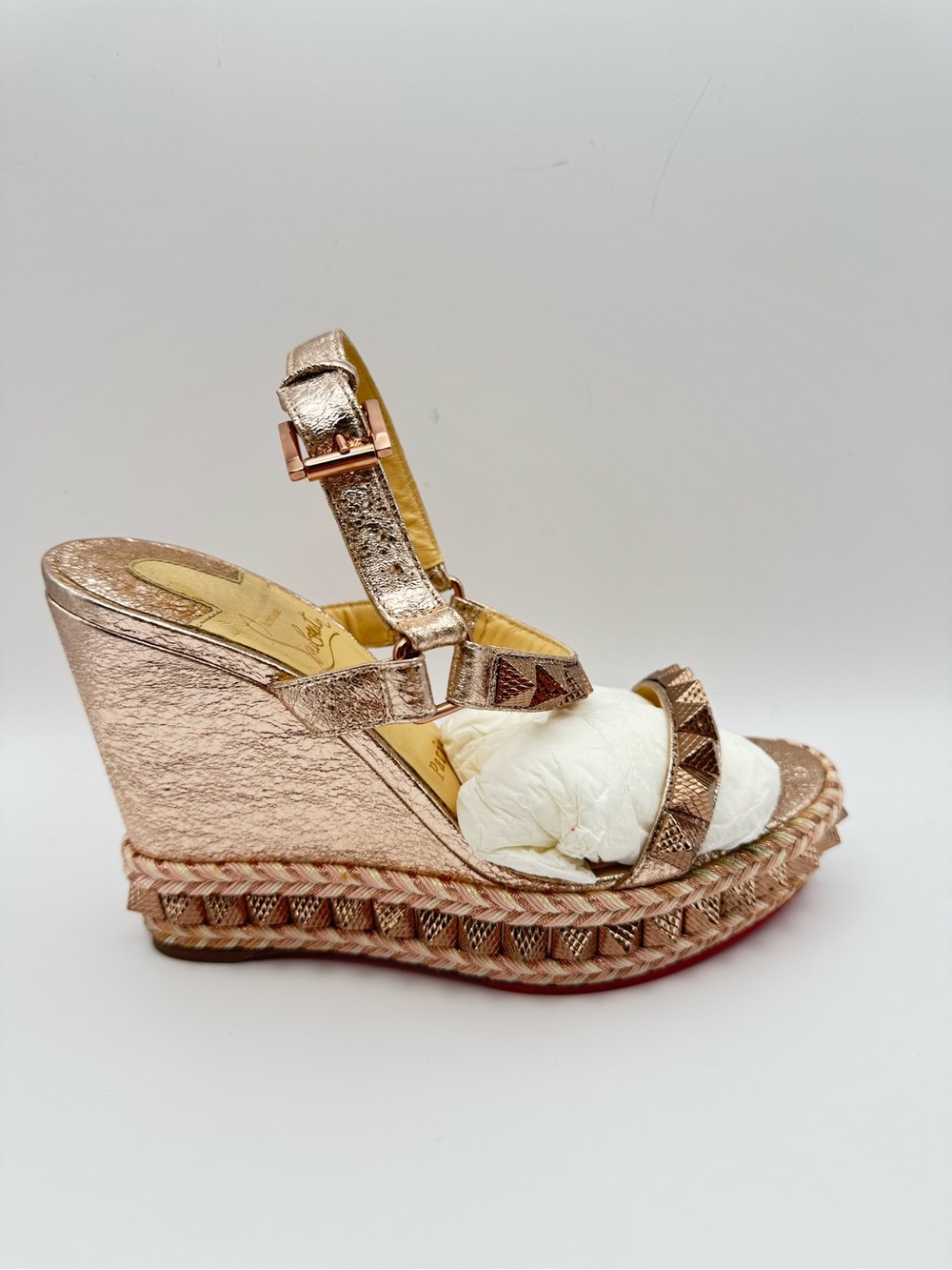 Christian Louboutin Pyraclou 110 Rose Gold Studded Espadrille Wedge EU 37